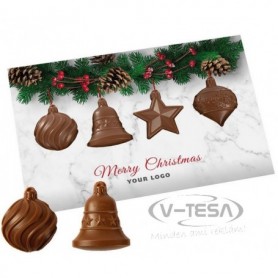 Üdvözlőkártya karácsonyfadísz formájú csokoládéval